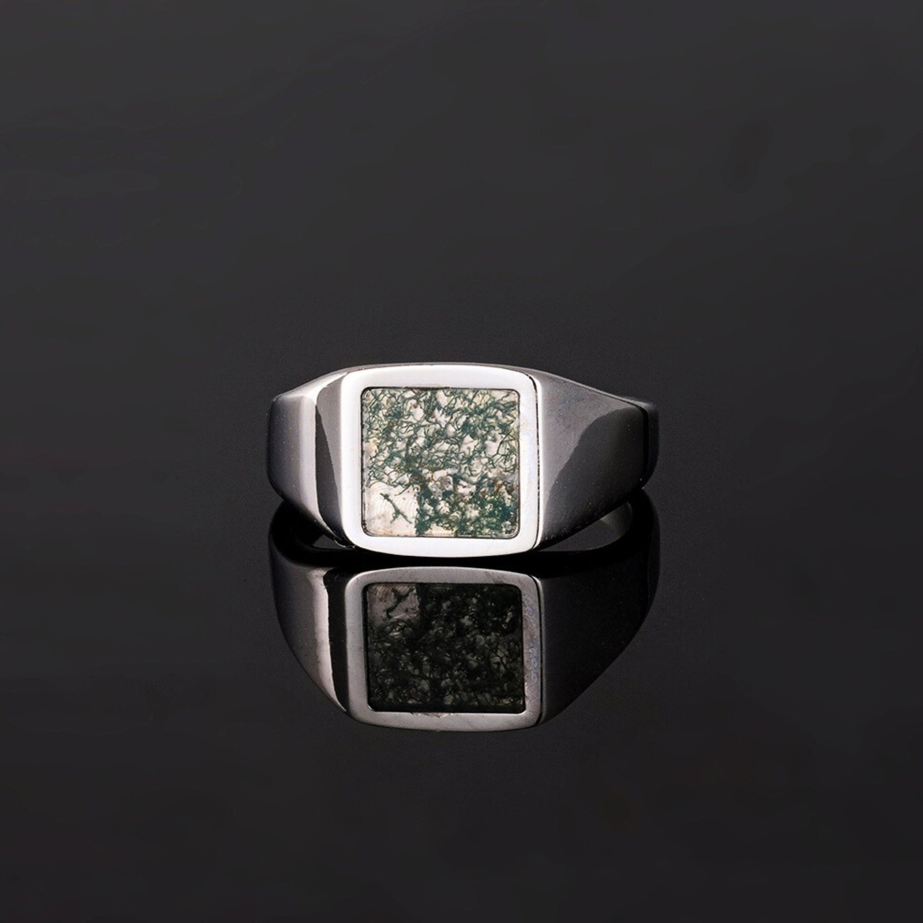 Square Moss Agate Ring - Silver