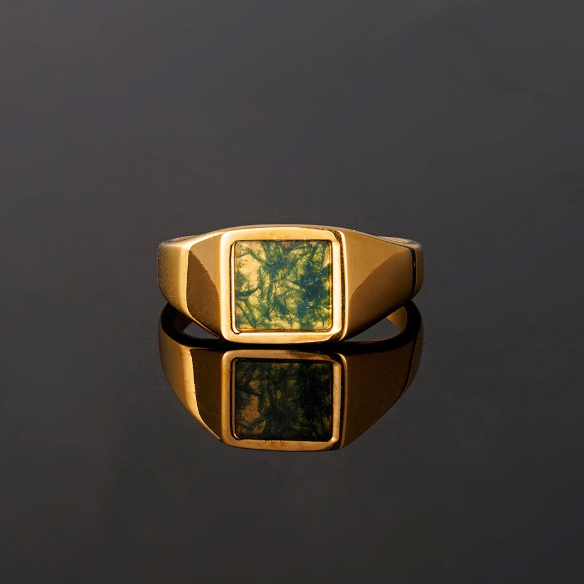Square Moss Agate Ring - Gold