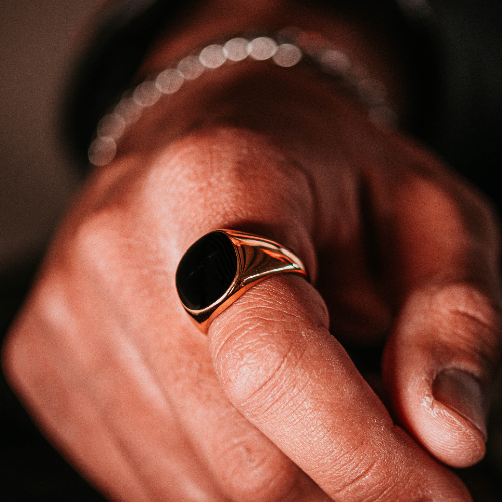 Black Polished Signet Ring - Gold