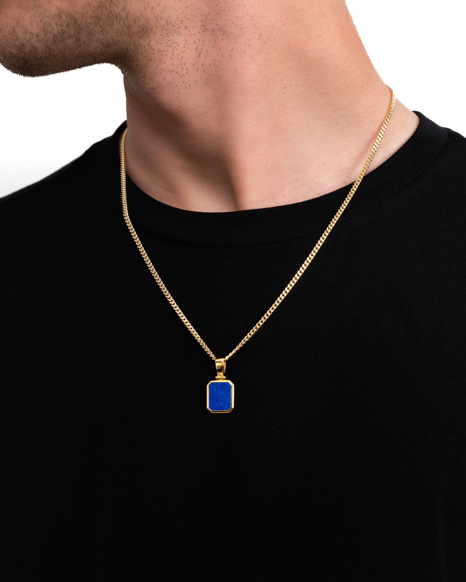 Lapis octagon engraving plate necklace