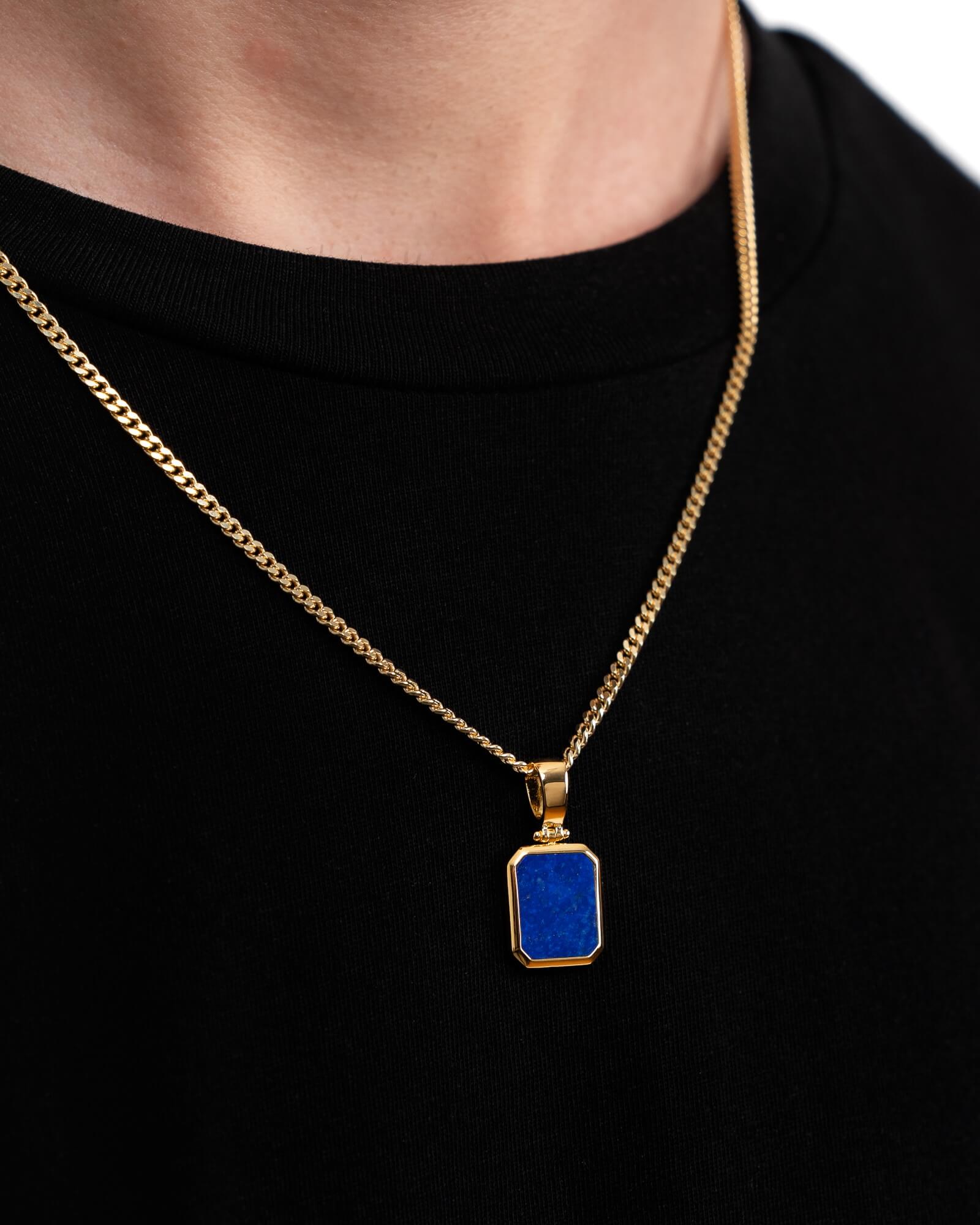 Lapis octagon engraving plate necklace
