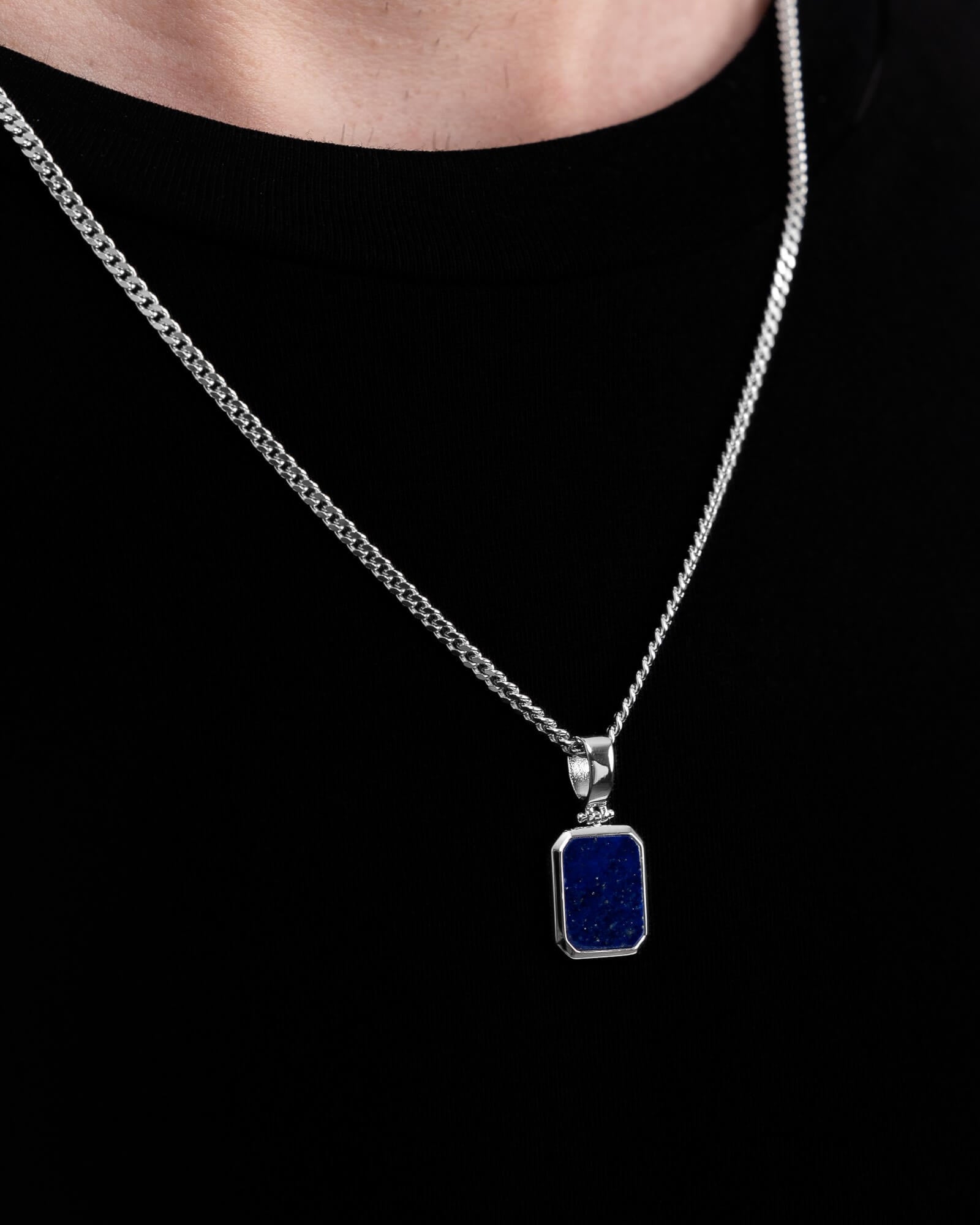 Lapis octagon engraving plate necklace
