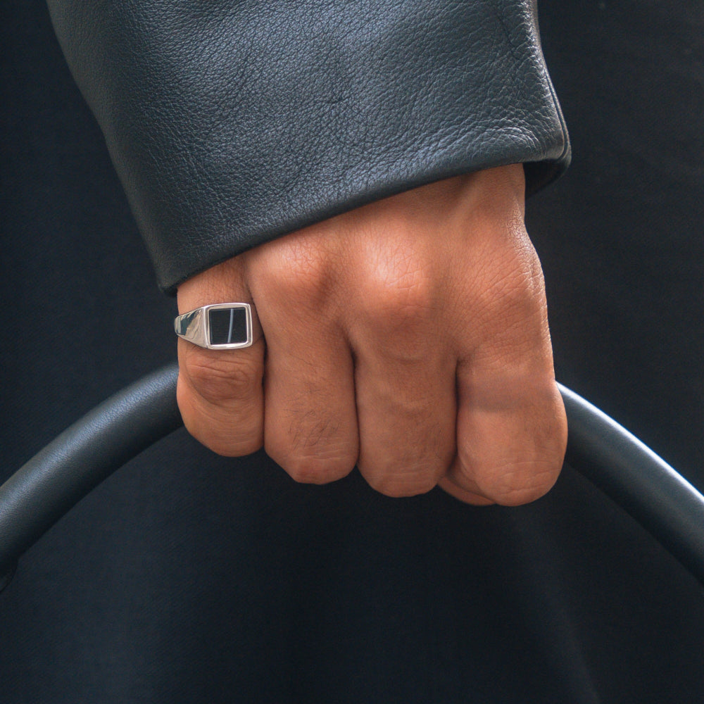 Square White Line Onyx Ring - Silver