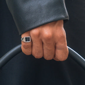 Square White Line Onyx Ring - Silver