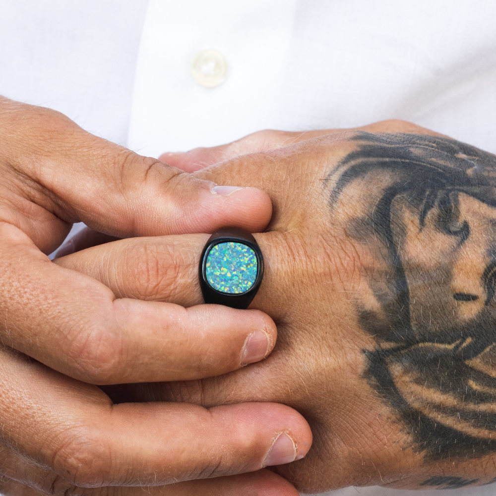 Green Opal Signet Ring - Black