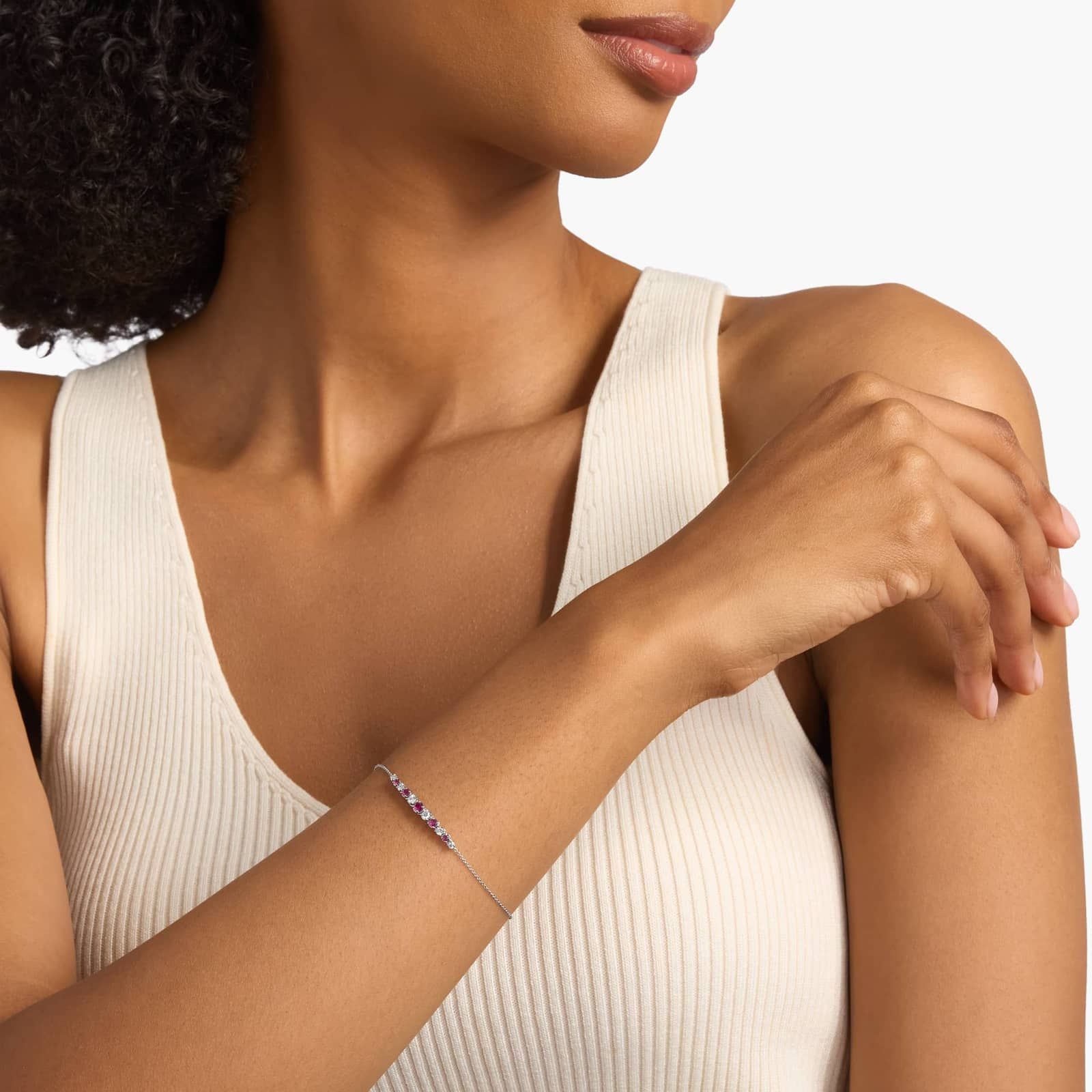 Ruby and Diamond Graduated Curve Bracelet in 14k White Gold