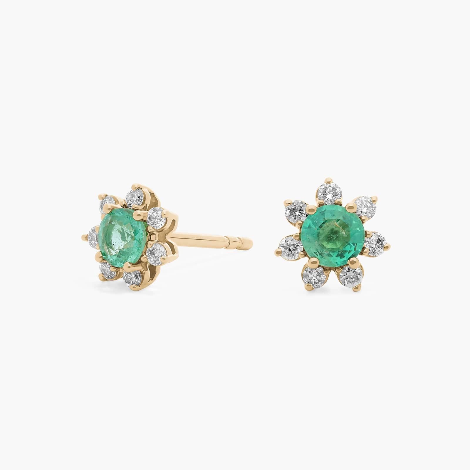 Mini Emerald Earrings with Diamond Blossom Halo in 14k Yellow Gold (3.5mm)