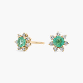Mini Emerald Earrings with Diamond Blossom Halo in 14k Yellow Gold (3.5mm)