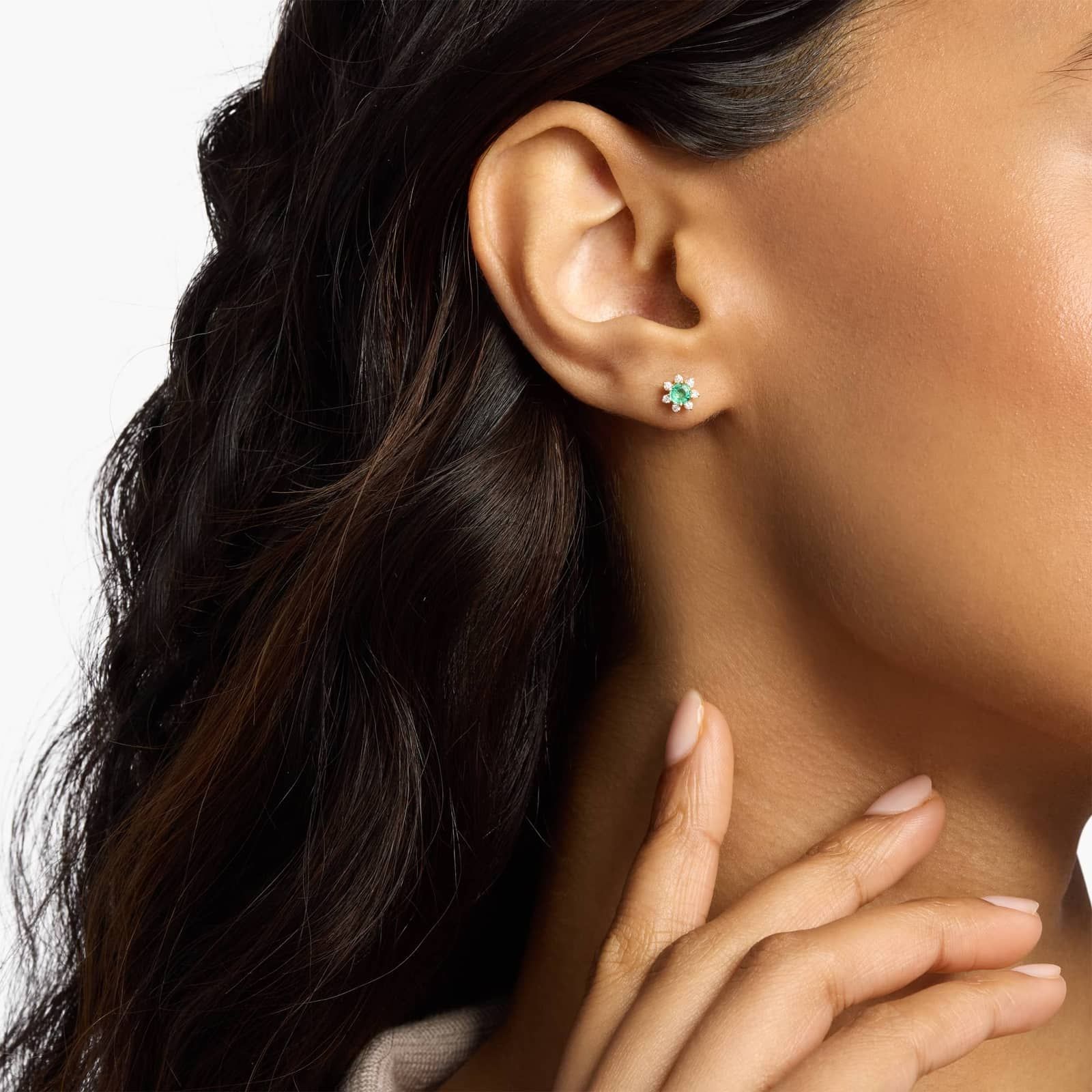 Mini Emerald Earrings with Diamond Blossom Halo in 14k Yellow Gold (3.5mm)