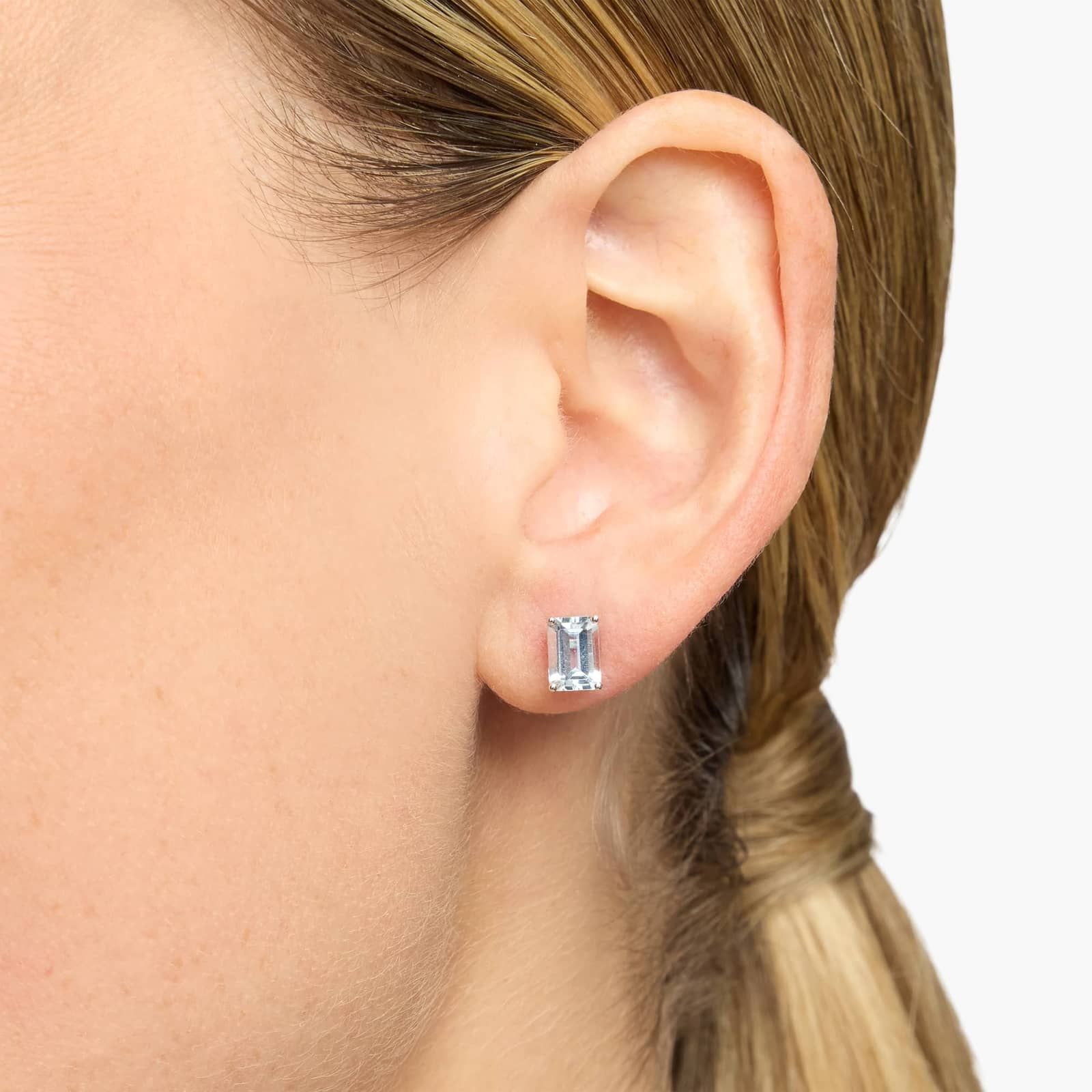 Emerald Cut Birthstone Aquamarine Stud Earrings in 14K White Gold (7x5mm)