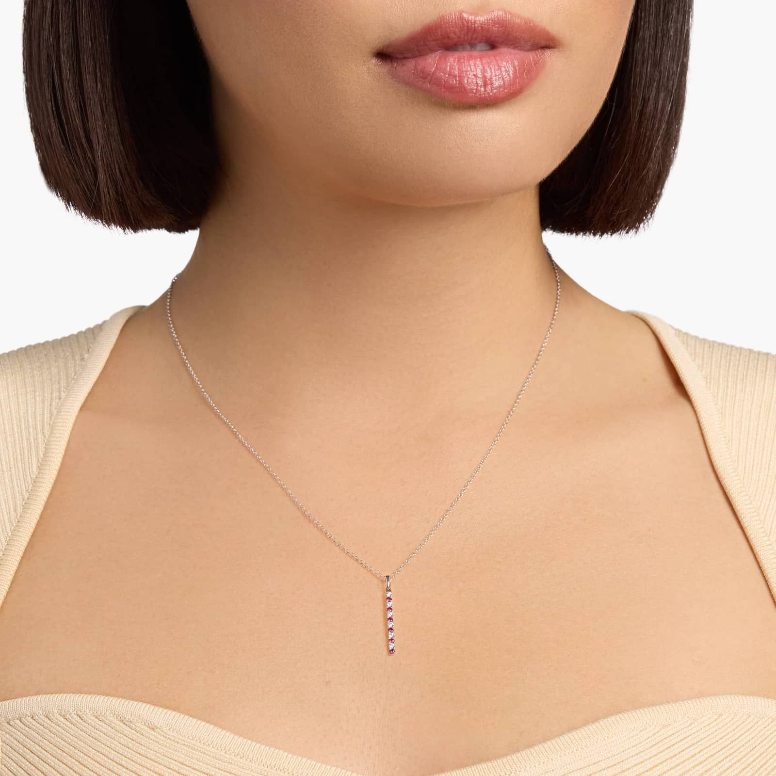 Riviera Pavé Alternating Ruby and Diamond Vertical Bar Pendant in 14k White Gold (1.6mm)