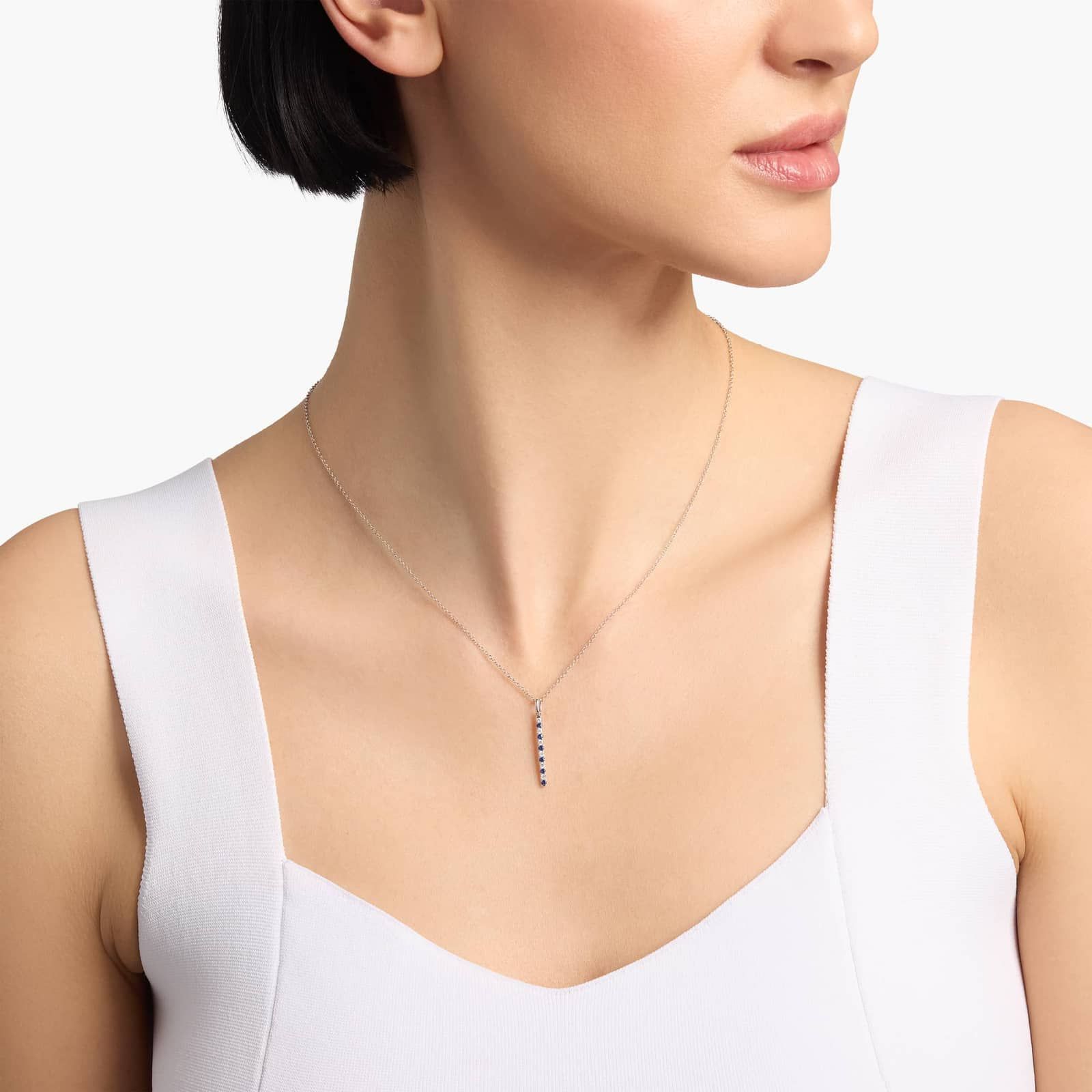 Riviera Pavé Alternating Sapphire and Diamond Vertical Bar Pendant in 14k White Gold (1.6mm)