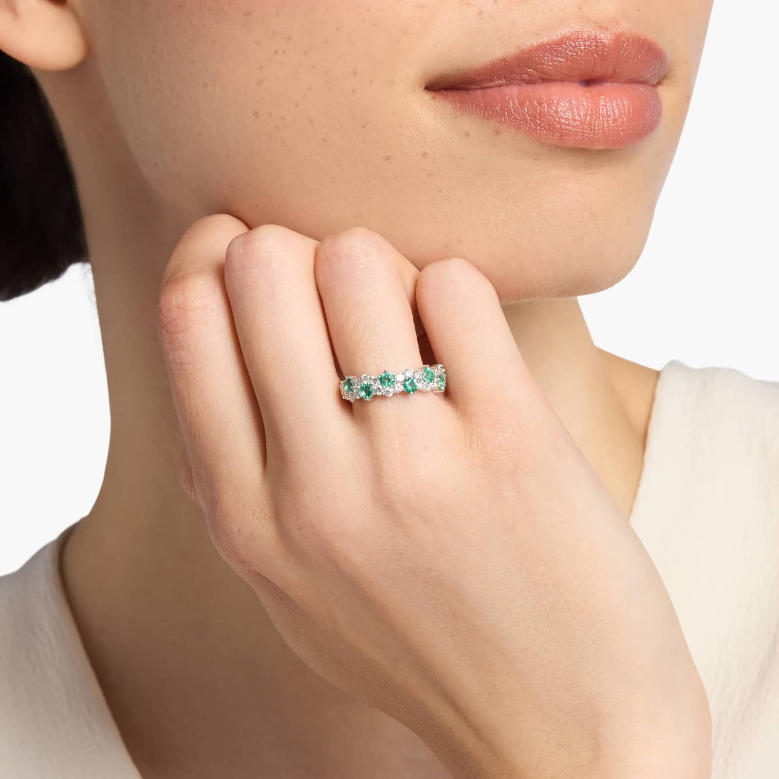 Staggered Emerald and Diamond Ring in 14k White Gold