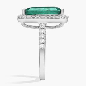 Extraordinary Collection: Emerald and Diamond Halo Statement Ring in 18k White Gold