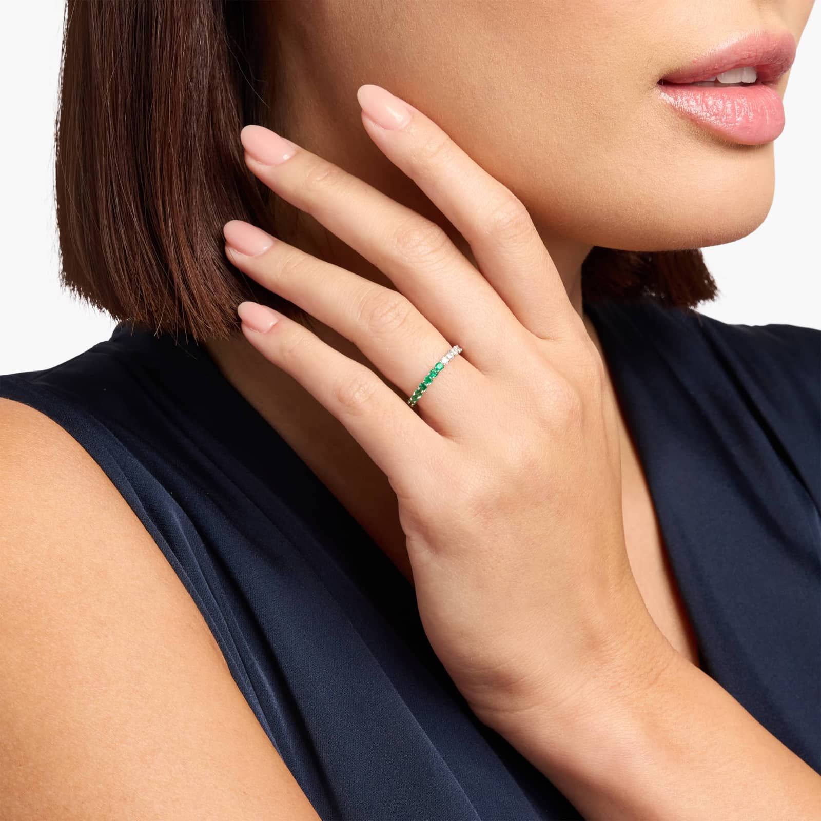 Half and Half Emerald and Diamond Eternity Ring in 14K White Gold