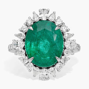 Extraordinary Collection: Oval Cut Emerald and Diamond Halo Cocktail Ring in 18k White Gold (13x11mm)