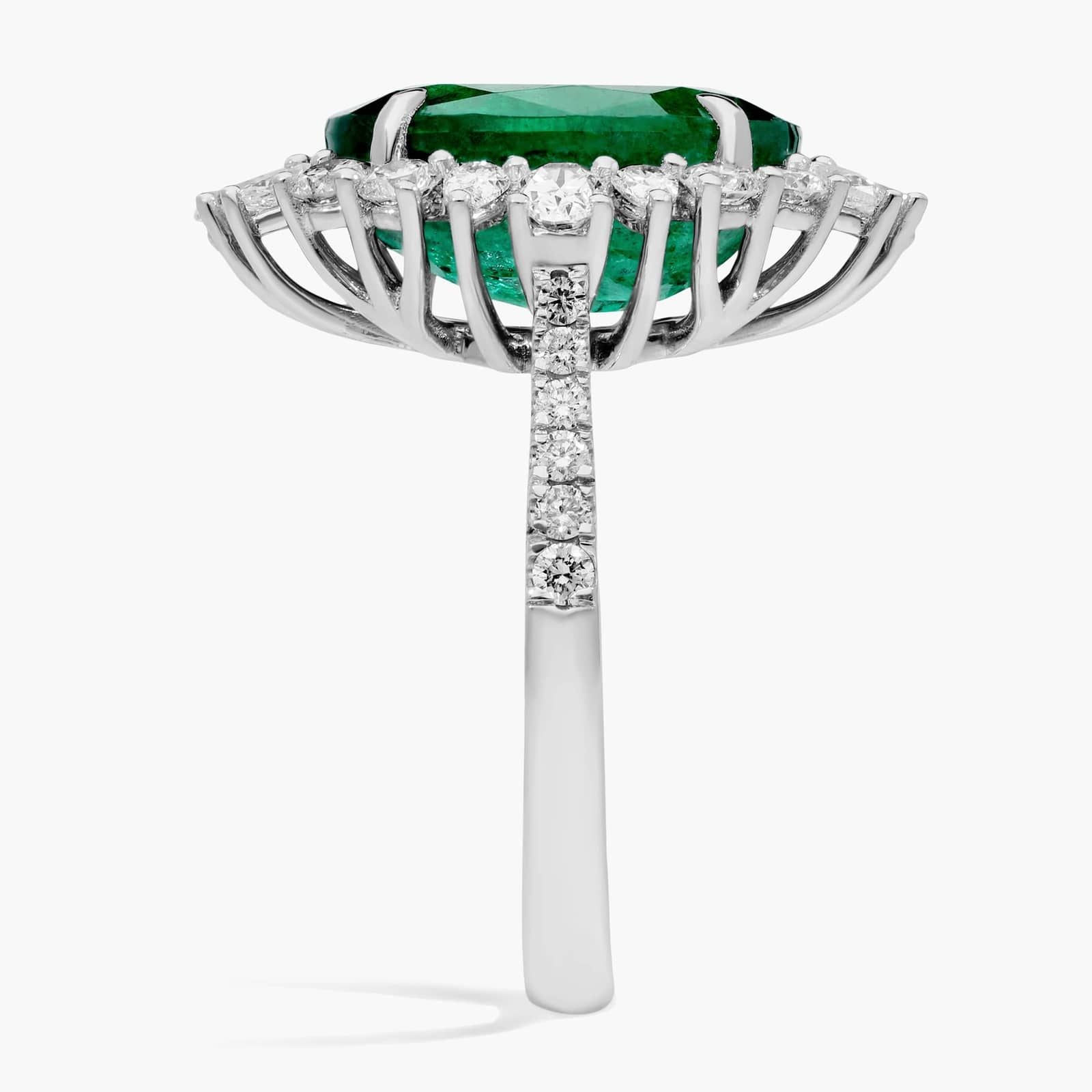 Extraordinary Collection: Oval Cut Emerald and Diamond Halo Cocktail Ring in 18k White Gold (13x11mm)