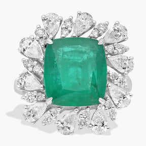 Extraordinary Collection: Green Emerald and Diamond Halo Cocktail Ring in 18k White Gold (11x10mm)