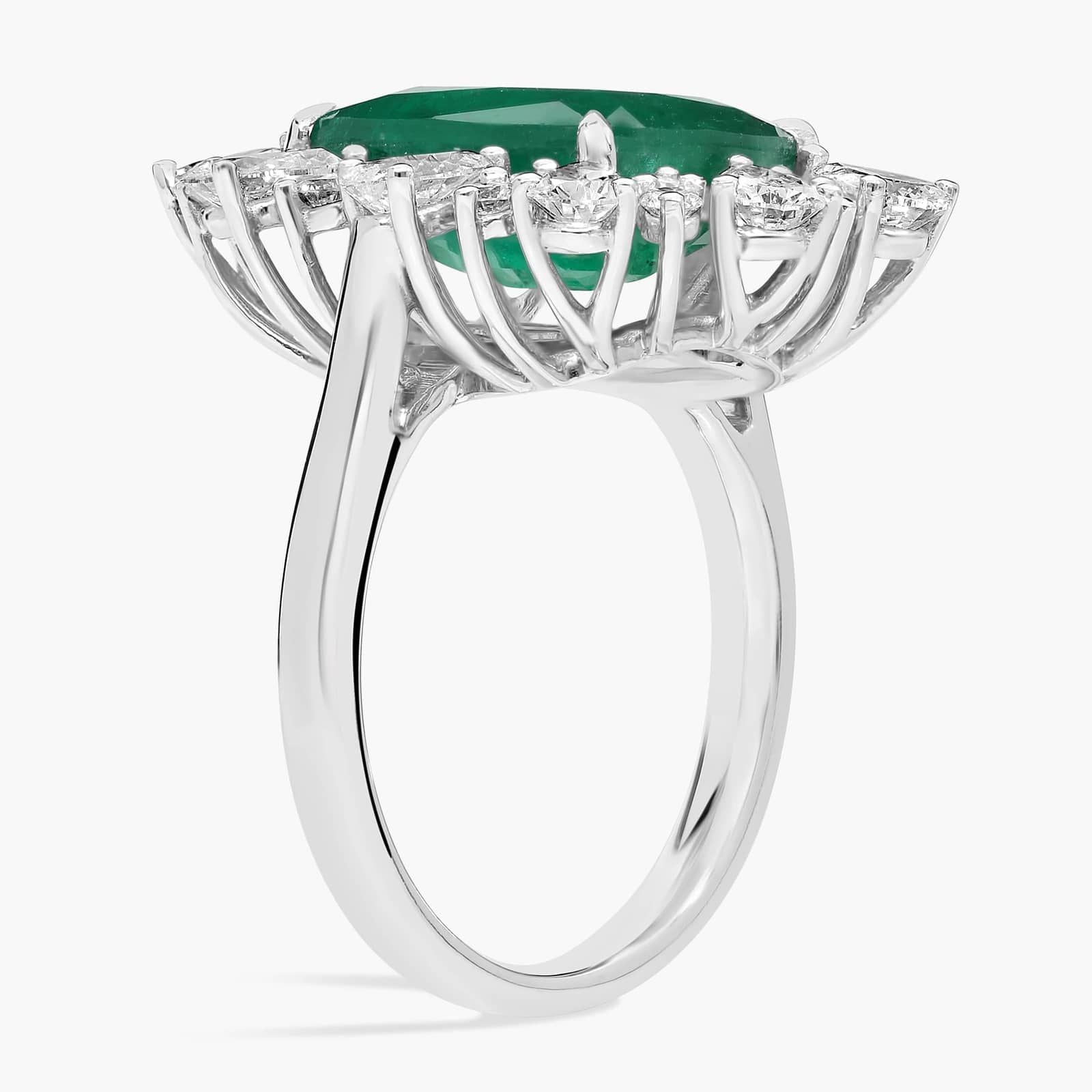 Extraordinary Collection: Green Emerald and Diamond Halo Cocktail Ring in 18k White Gold (11x10mm)