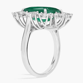 Extraordinary Collection: Green Emerald and Diamond Halo Cocktail Ring in 18k White Gold (11x10mm)