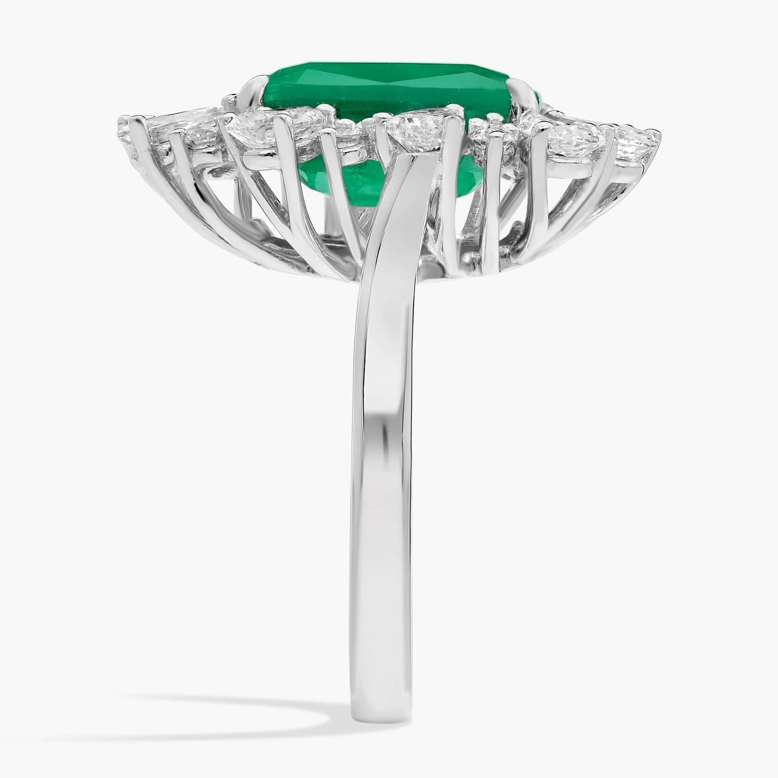 Extraordinary Collection: Green Emerald and Diamond Halo Cocktail Ring in 18k White Gold (11x10mm)