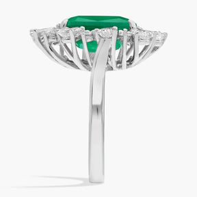 Extraordinary Collection: Green Emerald and Diamond Halo Cocktail Ring in 18k White Gold (11x10mm)