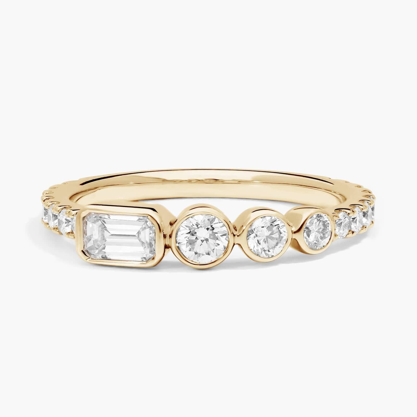 Round and Emerald Cut Lab-Grown Diamond Bezel Ring In 14K Yellow Gold