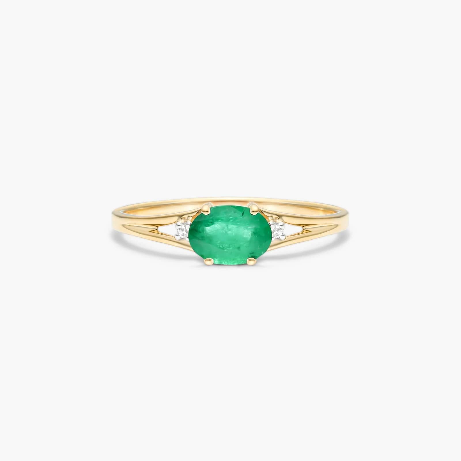 Oval Emerald And Diamond Accent Birthstone Ring In 14K Yellow Gold