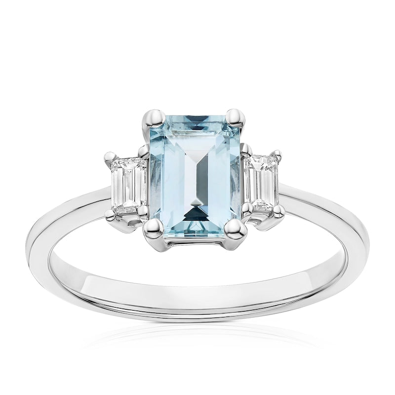 Platinum 0.18ct Diamond & Aquamarine Emerald Cut Trilogy Ring