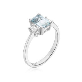 Platinum 0.18ct Diamond & Aquamarine Emerald Cut Trilogy Ring
