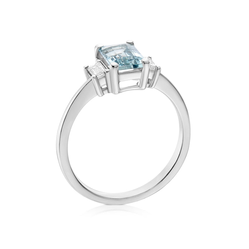 Platinum 0.18ct Diamond & Aquamarine Emerald Cut Trilogy Ring