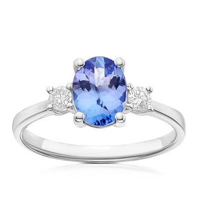 Platinum 0.15ct Diamond Tanzanite Oval & Round Trilogy Ring