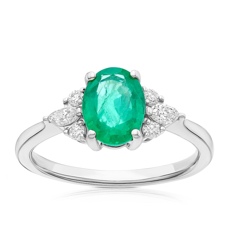 Platinum 0.20ct Diamond & Emerald Oval Trilogy Ring