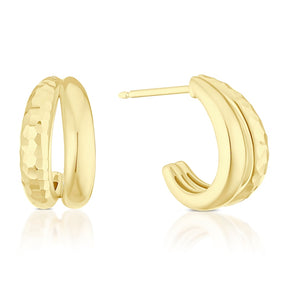 9ct Yellow Gold Polished & Hammered Finish J-Shaped Hoop Earrings
