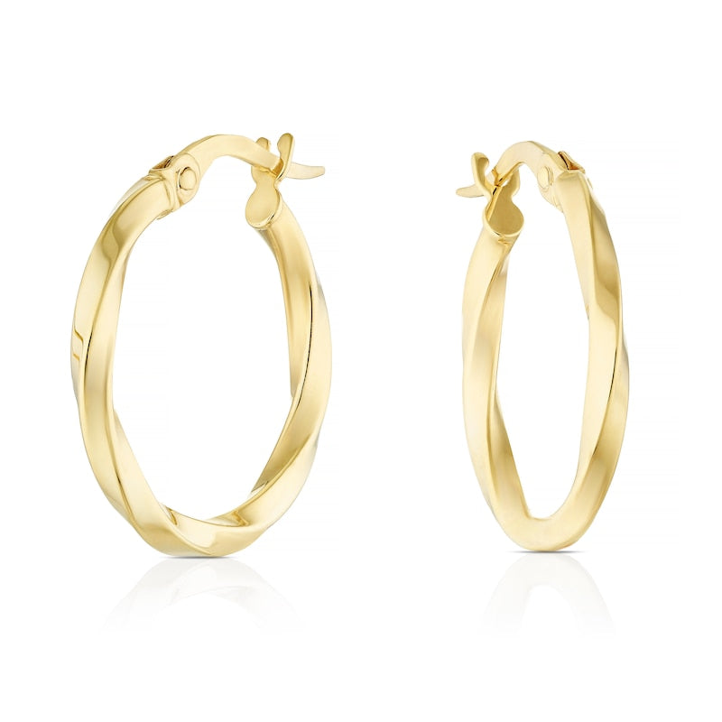 9ct Yellow Gold 15mm Mirror Twisted Diamond Cut Hoop Earrings
