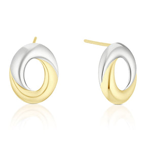 9ct Yellow Gold & Silver Tone Rhodium Plate Open Oval Stud Earrings