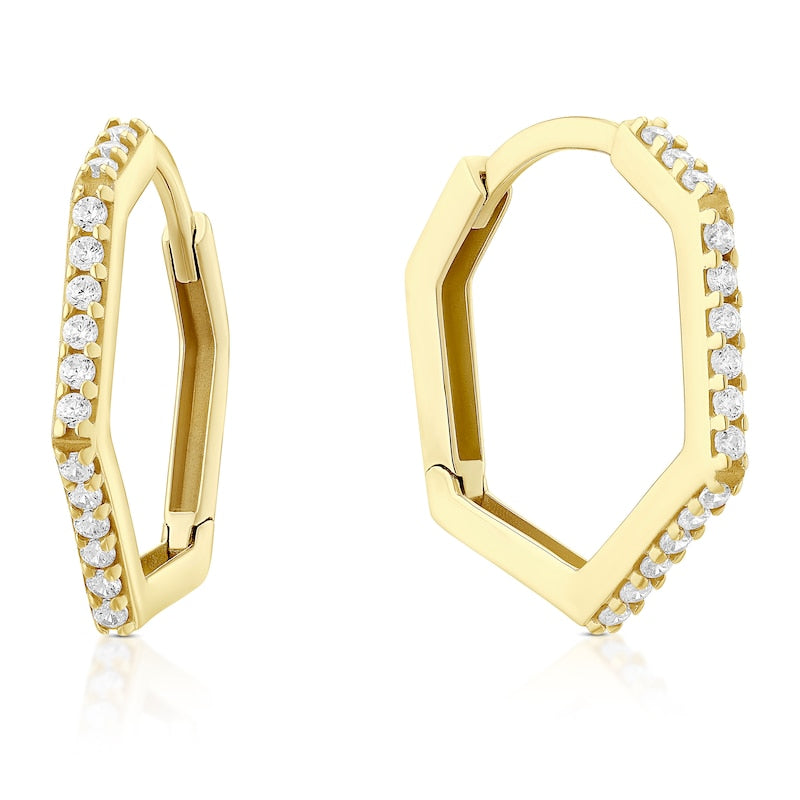 9ct Yellow Gold & Cubic Zirconia Small Hexagon Hoop Earrings