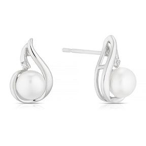 Sterling Silver Cubic Zirconia & Cultured Freshwater Pearl Swirl Teardrop Stud Earrings