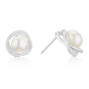 Sterling Silver Cubic Zirconia & Cultured Freshwater Pearl Large Knot Stud Earrings