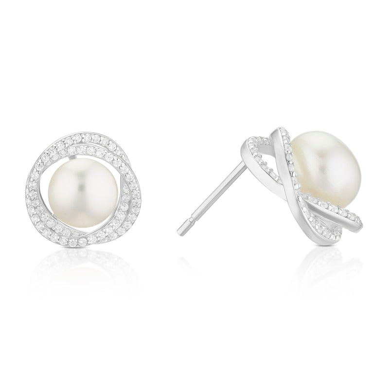 Sterling Silver Cubic Zirconia & Cultured Freshwater Pearl Large Knot Stud Earrings