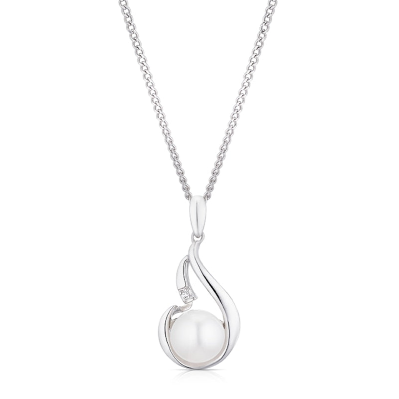 Sterling Silver 16+2" Cubic Zirconia & Cultured Freshwater Pearl Swirl Teardrop Necklace