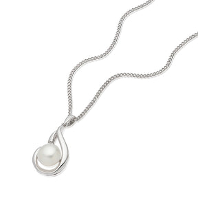 Sterling Silver 16+2" Cubic Zirconia & Cultured Freshwater Pearl Swirl Teardrop Necklace