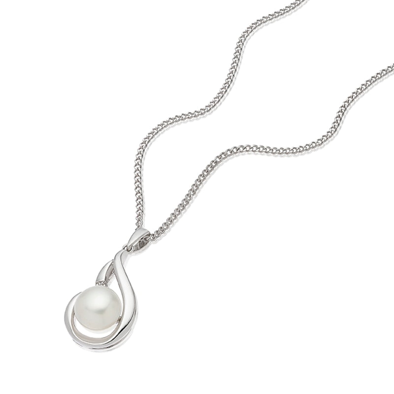 Sterling Silver 16+2" Cubic Zirconia & Cultured Freshwater Pearl Swirl Teardrop Necklace
