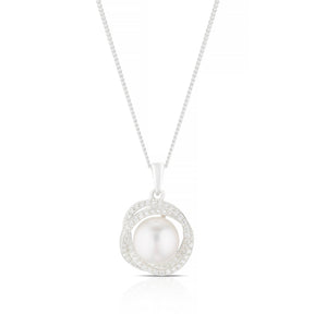 Sterling Silver 18" Cubic Zirconia & Cultured Freshwater Pearl Large Knot Pendant