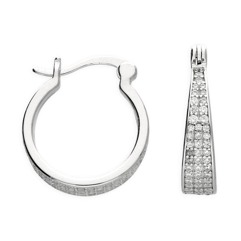 Sterling Silver 16mm Cubic Zirconia Pavé Set Graduated Shaped Hoop Earrings
