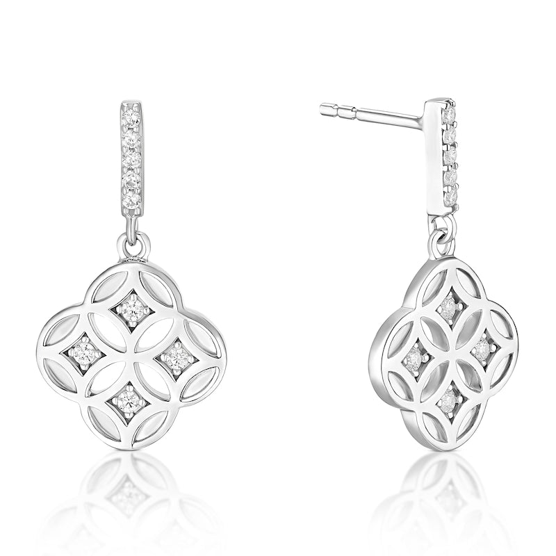 Sterling Silver Cubic Zirconia Cut Out Clover Drop Earrings