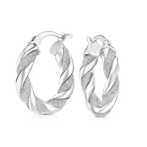 Sterling Silver Glitter & Polished Twist Hoop Earrings