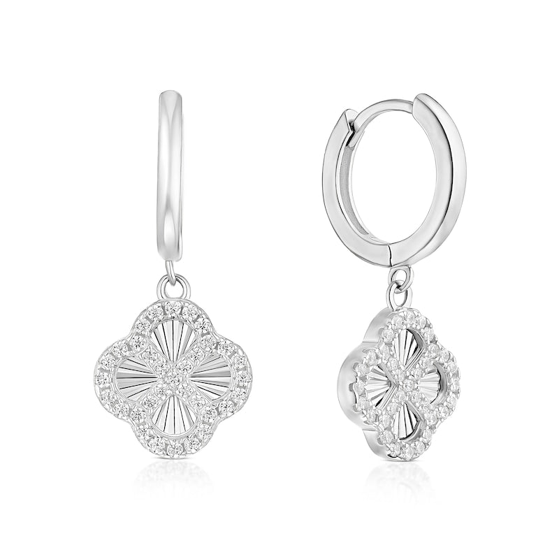 Sterling Silver Cubic Zirconia Diamond Cut Clover Hoop Earrings