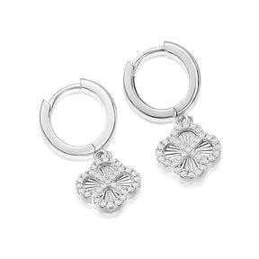 Sterling Silver Cubic Zirconia Diamond Cut Clover Hoop Earrings