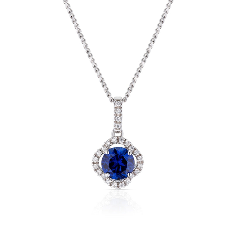 Sterling Silver 16+2" Cubic Zirconia & Created Sapphire Fancy Halo Pendant Necklace